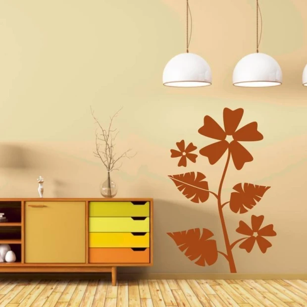 Decorative flower sticker 2111 - Living room arrangement with light-colored walls and brown and yellow furniture.