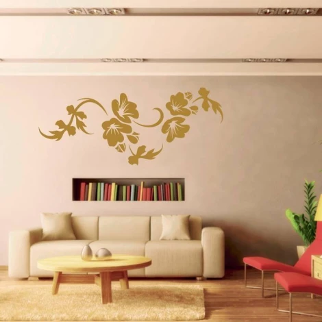 Decorative sticker with flowers and leaves 2118 - Styled in a light-colored living room with beige and red furniture.
