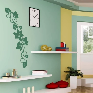 Decorative leaf sticker 2117 - Living room arrangement with green and yellow walls, minimalist furniture.