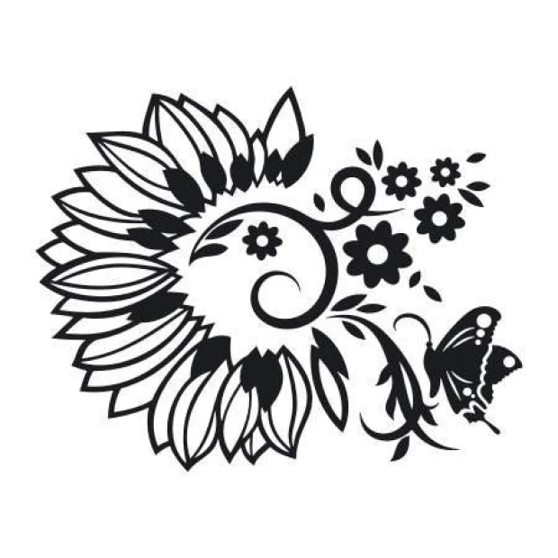 Decorative sticker with plant motif 2120 - Graphic design featuring flowers, leaves, and a butterfly in black.