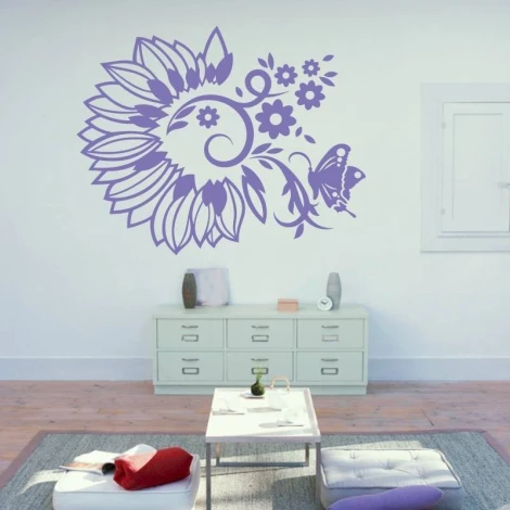 Decorative plant-themed sticker 2120 - Living room setup with light-colored walls and white-gray furniture.