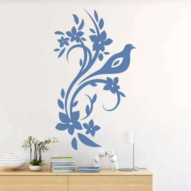 Decorative bird sticker 2124 - Living room setup with light-colored walls and natural wood furniture.
