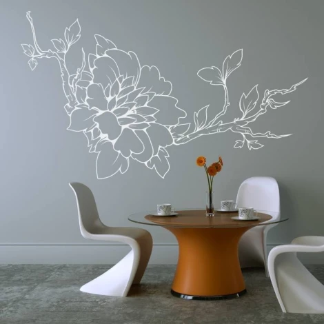 Wall sticker branch flowers 2110 - Dining room decor. Gray walls, round table, and modern chairs.