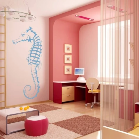 Seahorse wall sticker 2108 - Decor for a child\'s room with pink and white walls.
