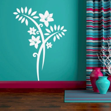 Wall sticker flowers 2087 - Living room decor. Bold wall color next to striped curtains.