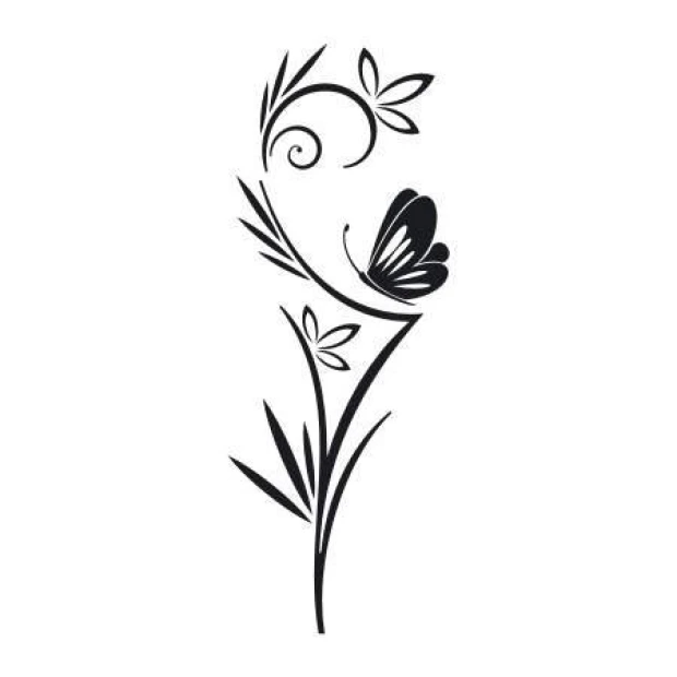 Wall sticker with flowers and butterfly 2089 - Graphic design. Black butterfly on a stem with leaves on a white background.