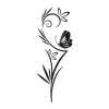 Wall sticker with flowers and butterfly 2089 - Graphic design. Black butterfly on a stem with leaves on a white background.