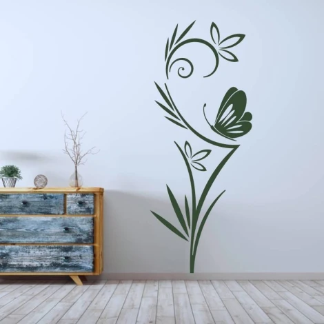 Wall sticker of flowers and butterflies 2089 - Room decor with light-colored walls and Scandinavian wooden furniture.