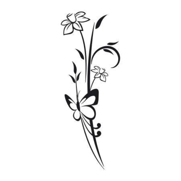 Wall sticker flowers butterfly 2090 - Graphic design featuring flowers and a butterfly in black on a white background.