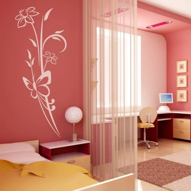 Wall sticker flowers butterflies 2090 - Bedroom decor with pink walls, light furniture, and curtains.