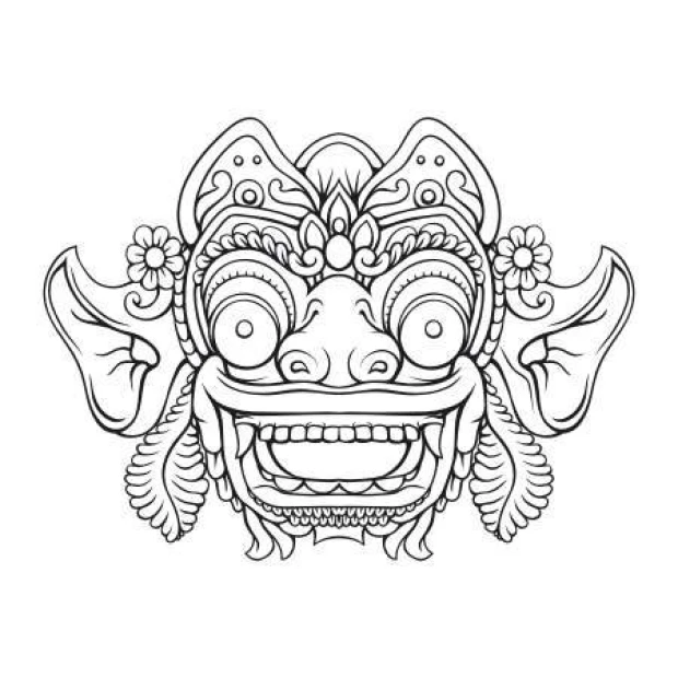 Wall sticker Bali mask 2095 - Graphic design with large eyes, ears, flowers, and plant details.