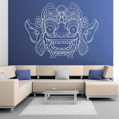 Bali mask wall sticker 2095 - Living room decor with dark wall, light furniture, and rug.