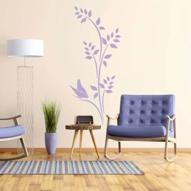 Butterfly wall sticker 2092 - Living room decor with light-colored walls and purple furniture.