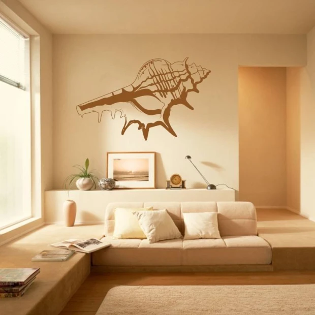 Shell wall sticker 2106 - Living room arrangement with light-colored walls and beige furniture.