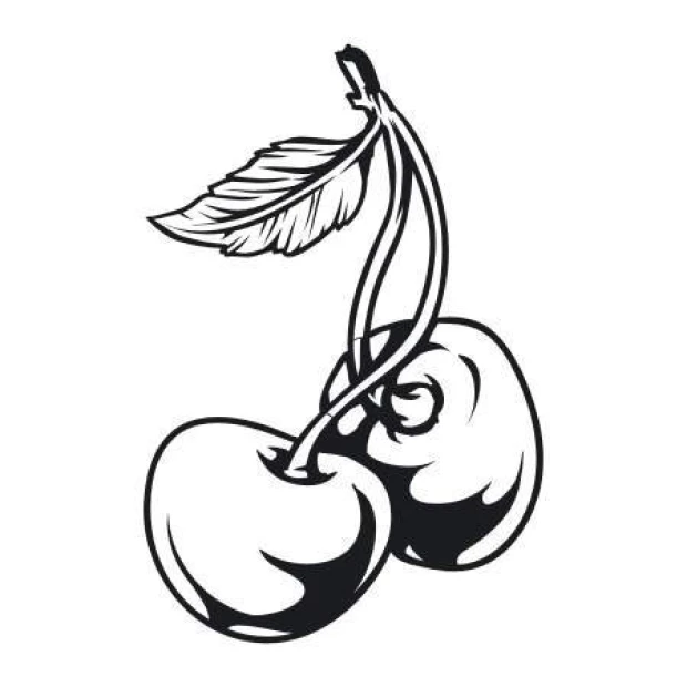 Wall sticker cherries 2094 - Graphic design featuring two round cherries with a leaf in black and white style.