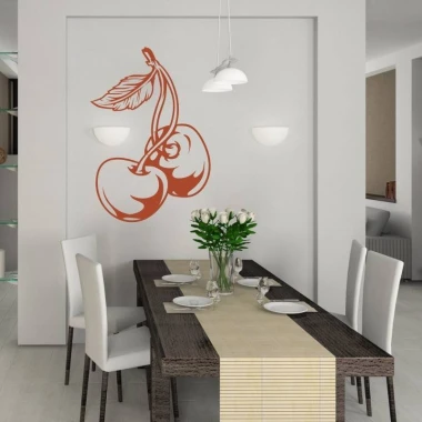 Cherry wall sticker 2094 - Dining room decor. Light walls, wooden table, white chairs.