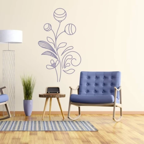 Floral sticker decoration 2142 - Living room setup with light walls, wooden floor, and blue furniture.