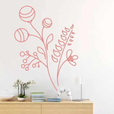 Floral wall sticker 2143 - Living room decor with light-colored walls and natural wood furniture.