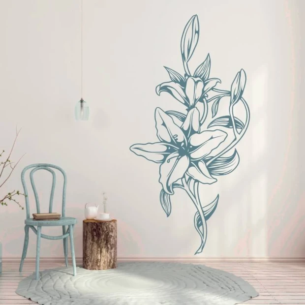 Flower sticker 2148 - Living room setup with light walls, wooden floor, and minimalist furniture.