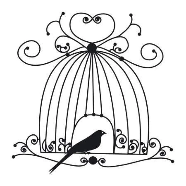 Bird in cage sticker 2141 - Graphic design featuring a birdcage with a bird, decorative swirls, and lines.