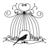 Bird in cage sticker 2141 - Graphic design featuring a birdcage with a bird, decorative swirls, and lines.