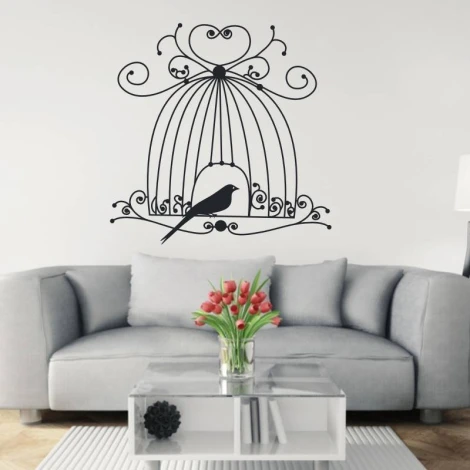 Bird in cage sticker 2141 - Living room decor. Gray walls and light furniture.