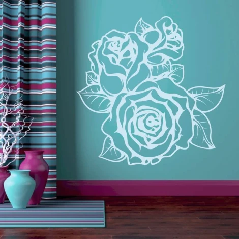 Rose sticker 2137 - Room decor with blue wall, striped curtains, and a purple vase.