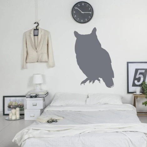Owl sticker 2136 - Bedroom decor with light walls, minimalist furniture, and a wall clock.