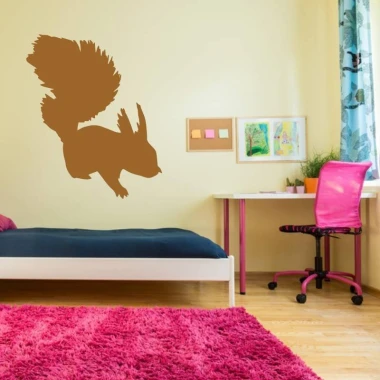 Squirrel sticker 2133 - Decor in a child\'s room. Light-colored walls, wooden floor, pink rug.