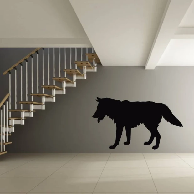 Wolf sticker 2132 - Entryway decor. Gray walls and wooden stairs.