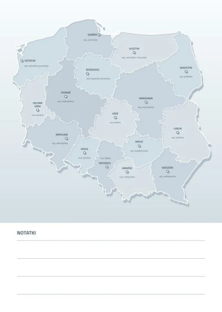 Dry-erase board of Poland with province names and regional cities, 190 - Graphic design. Map with outlines.