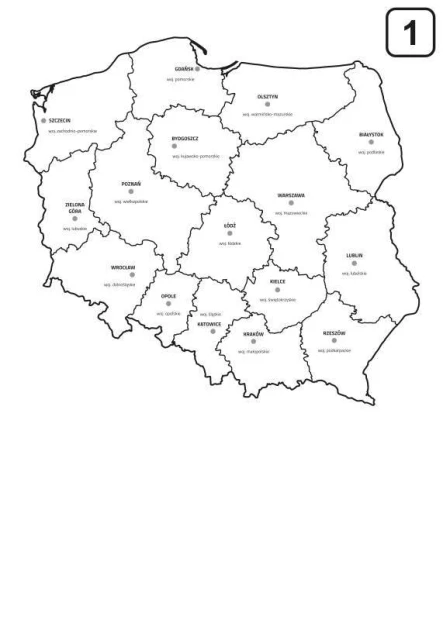 Dry-erase board of Poland map with voivodeship divisions, graphic design in black with names of the regions.