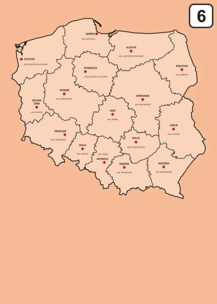Dry-erase board of Poland\'s map with regional divisions, featuring outlines and names of provinces.
