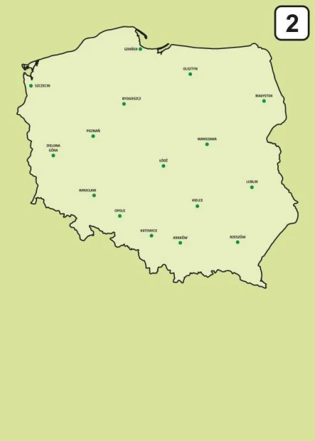Dry-erase board of Poland map 239 - Graphic design. Map highlights cities with green dots.