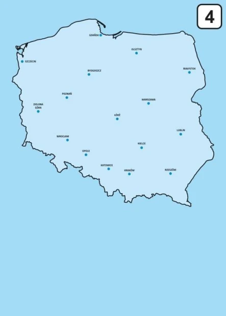Dry-erase board featuring a map of Poland with city names on a blue background.