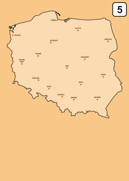 Dry-erase board of Poland map 239 - Graphic design. Outline of Poland with city names on an orange background.