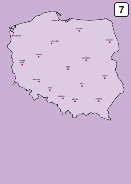 Polish dry-erase board with a graphic map, featuring cities marked with dots on a purple background.