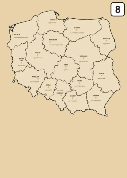 Magnetic dry-erase board of Poland with regional divisions, featuring a graphic design and outline of the country.
