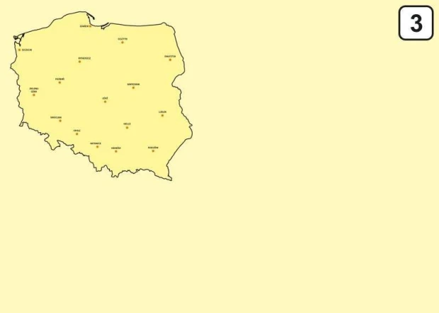 Polish dry-erase board 241 - Graphic design. Map of Poland with city names on a yellow background.