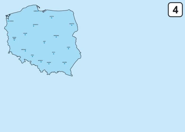 Dry-erase board featuring a map of Poland with city names on a light blue background.