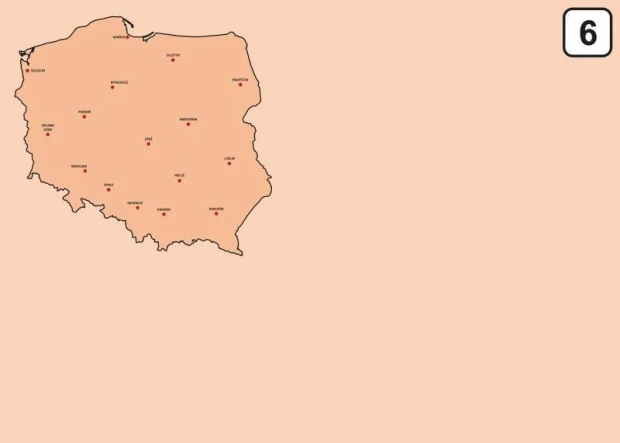 Polish dry-erase board 241 - Graphic design. Map of Poland with cities marked in red dots on a light background.