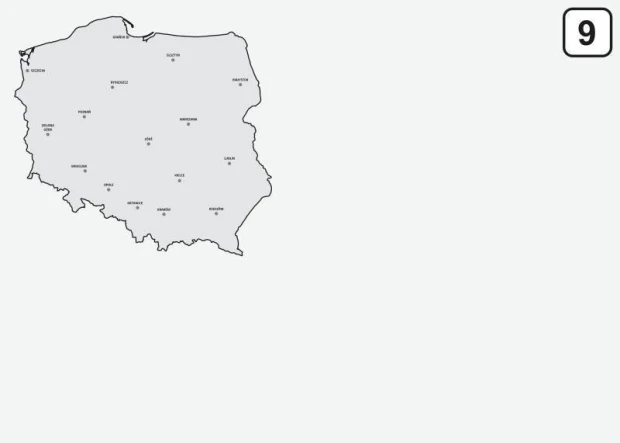 Dry-erase board of Poland map 241 - Graphic design. Outline of Poland with city names on a gray background.
