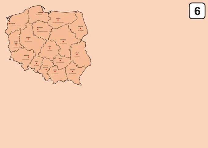 Dry-erase board of Poland map with regional divisions, featuring outlines in various shades.