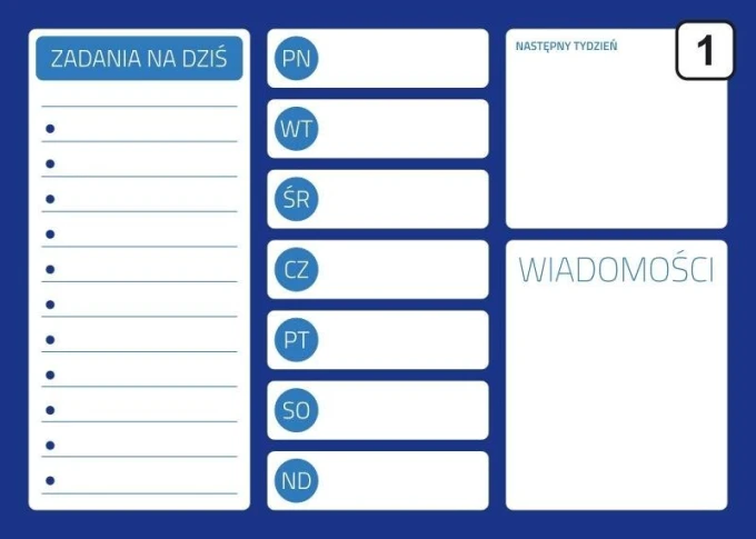 Dry-erase planner board 242 - Graphic design. Blue background with white fields for tasks and days of the week.