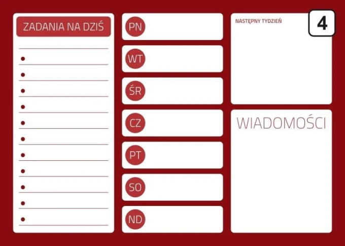 Dry-erase planner board 242 - Graphic design. Red background with white fields for tasks and days of the week.