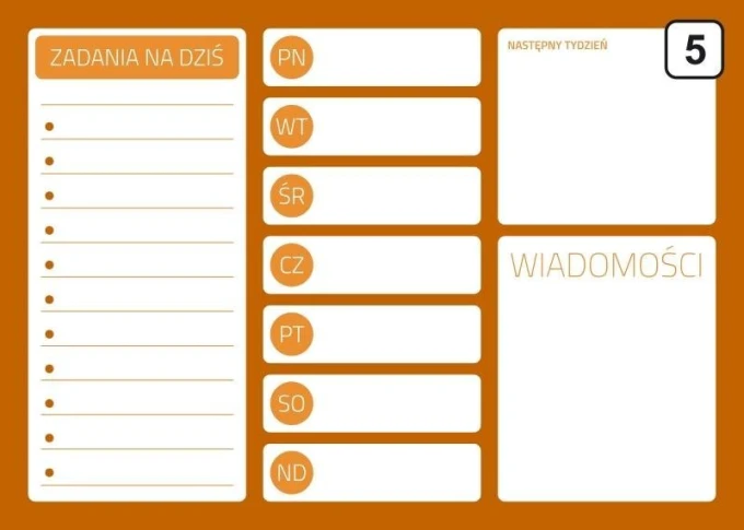 Dry-erase planner board 242 - Graphic design. Rectangular board with days of the week and space for tasks.