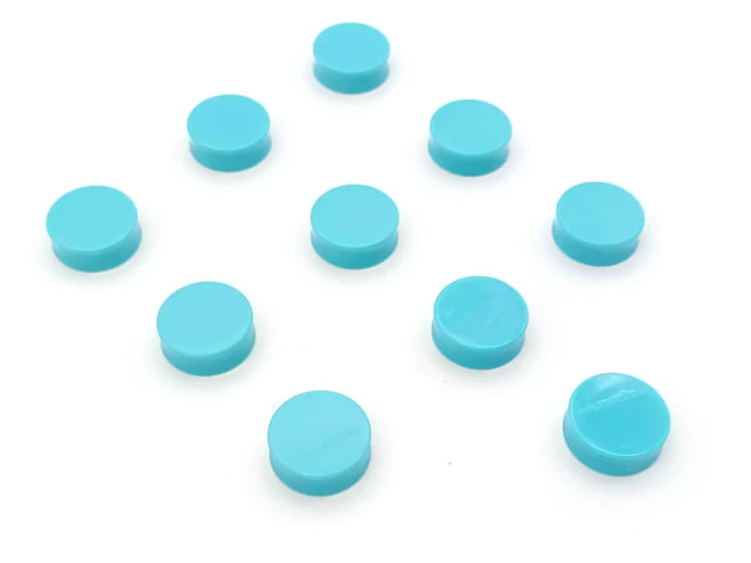 34x12.5mm magnets, 10 pcs in various colors - round, flat design in bright colors, arranged in two rows.