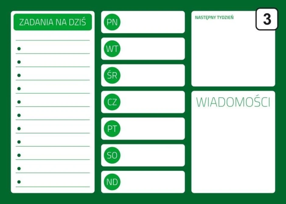 Magnetic dry-erase board planner 242 - Graphic design with green background and white fields for tasks and days of the week.
