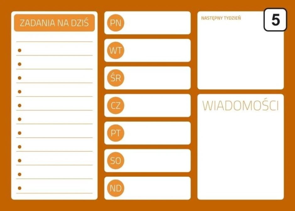 Magnetic dry-erase planner board 242 - Graphic design with orange background and white and gray elements, fields.