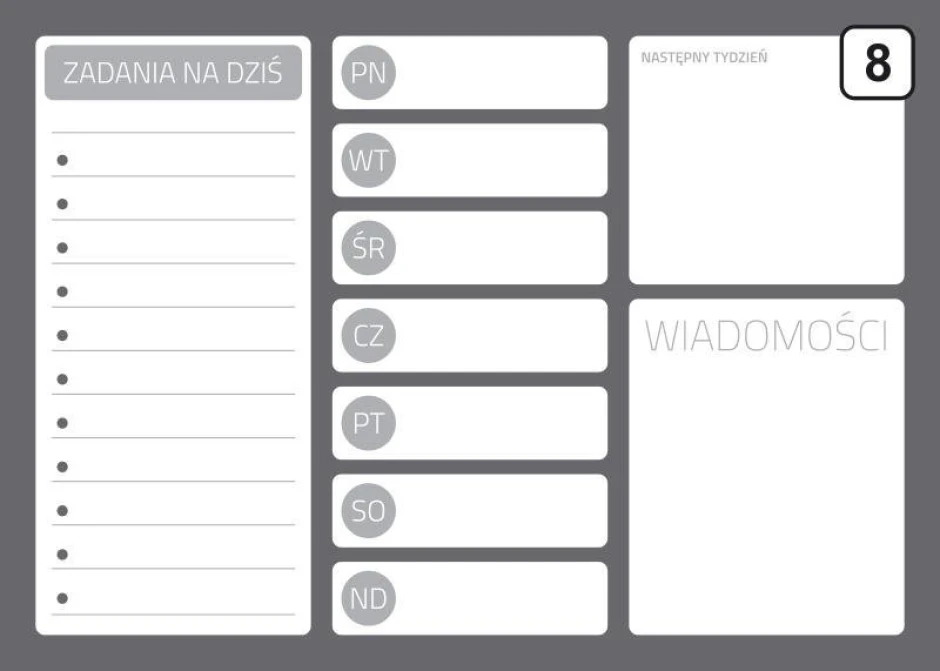 Magnetic dry-erase planner board 242 - Graphic design with gray background and white fields for tasks and days of the week.